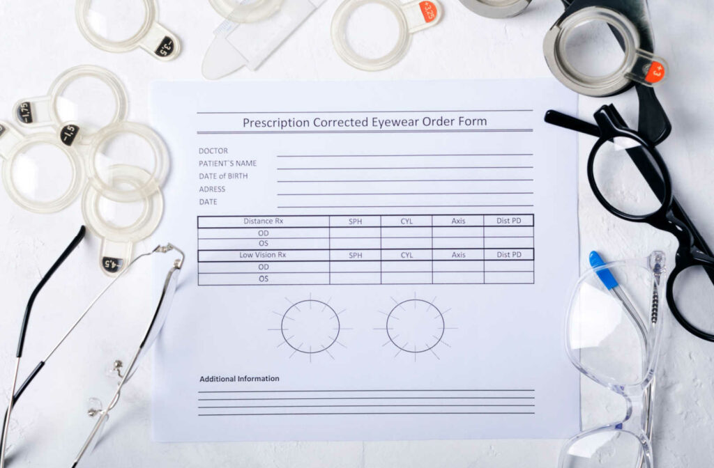 A prescription order form surrounded by various tools at an optometry clinic.
