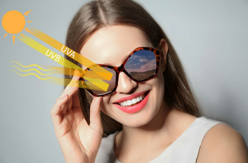 A close-up of a woman wearing sunglasses with UVA and UVB rays reflected by lenses.