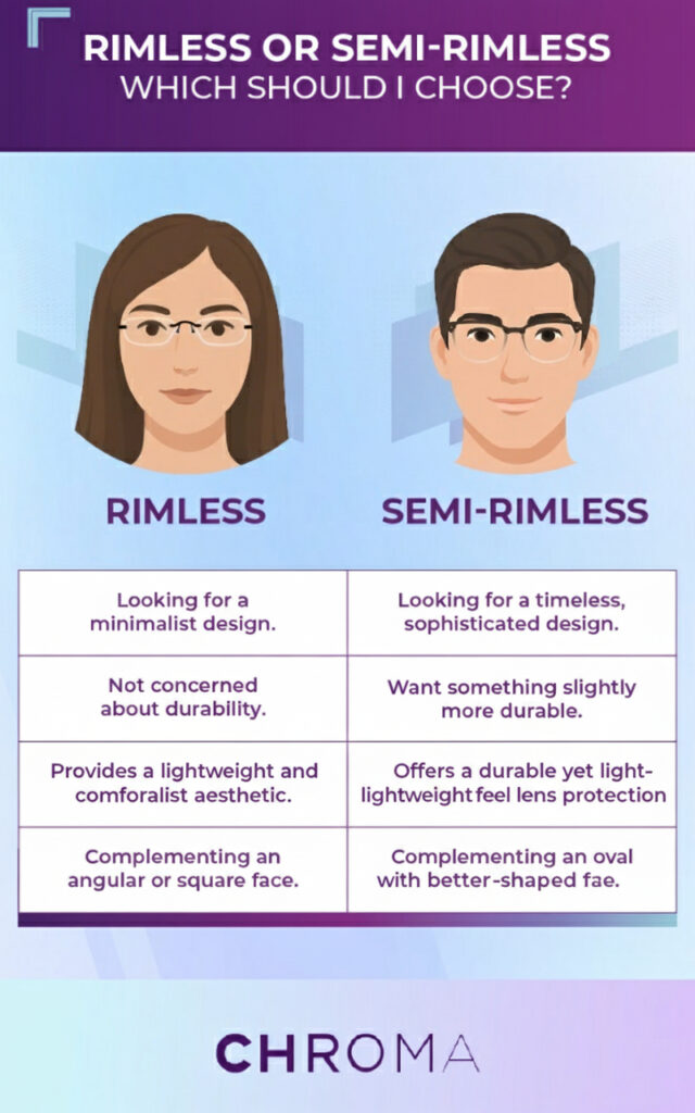 Rimless or Semi-Rimless: Which Should I Choose?". The image shows a woman in rimless glasses and a man in semi-rimless glasses. Below them is a four-row table comparing the two styles. The table's rows are: Looking for a minimalist design vs. Looking for a timeless, sophisticated design; Not concerned about durability vs. Want something slightly more durable; Price is not a factor vs. Want a more budget-friendly option; and Complementing an angular or square face vs. Complementing an oval or heart-shaped face.